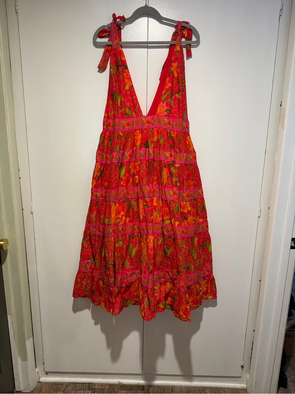 FARM Rio Red & Pink Tropical Tie-Shoulder Tiered Maxi Dress